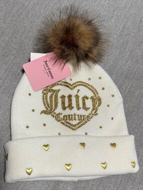 Girls Juicy Couture White Beanie with Gold Heart Logo and Pom